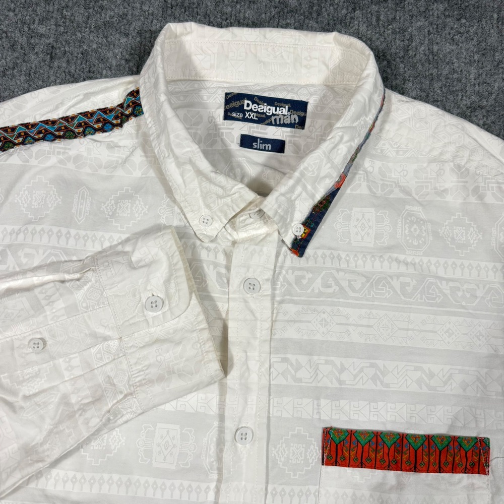 Desigual Men Slim Fit Long Sleeve Button Up Shirt XXL White Tribal Print GUC
